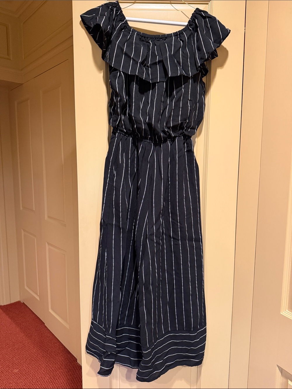 Black and White pinstripe Off-Shoulder Linen Jumpsuit